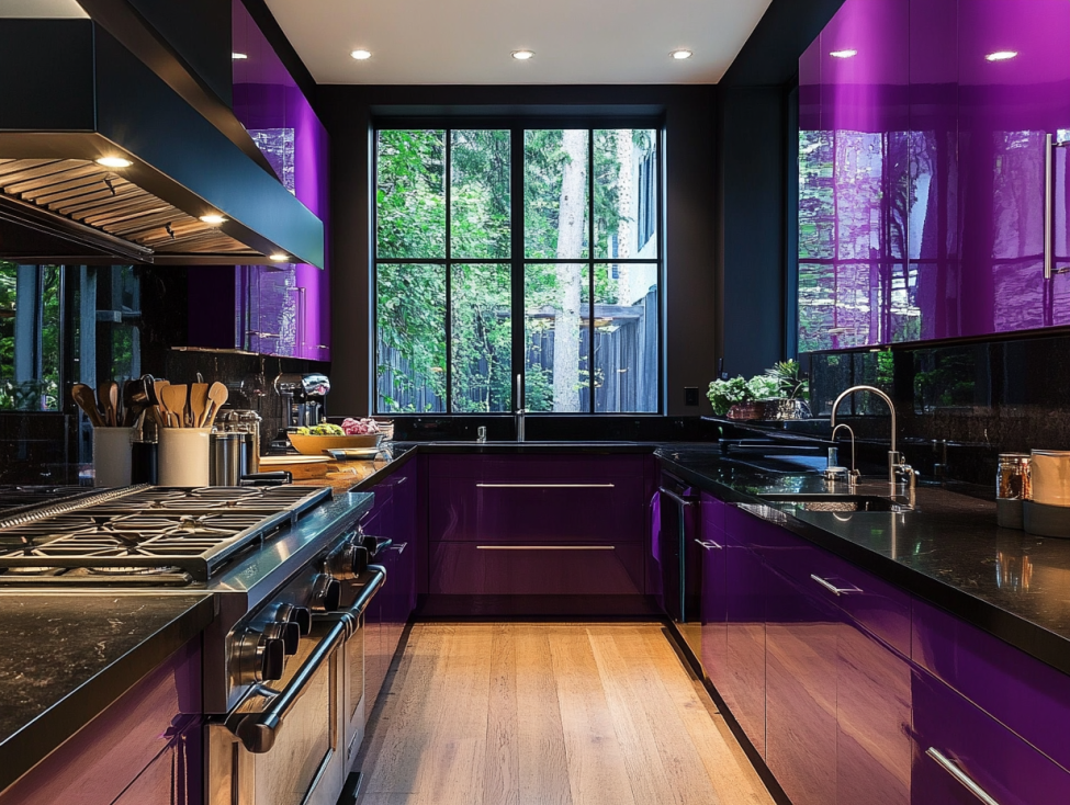 Kitchen featuring deep purple cabinets and matte black countertops.