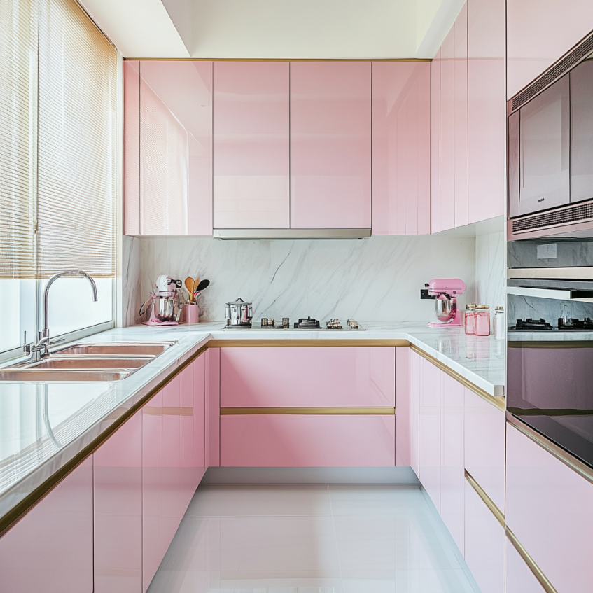 Glossy baby pink kitchen cabinets with marble backsplash and modern appliances
