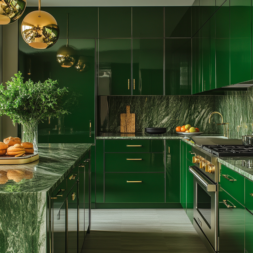 Glossy green kitchen cabinets paired with marble countertops and modern gold hardware, creating a luxurious kitchen space.