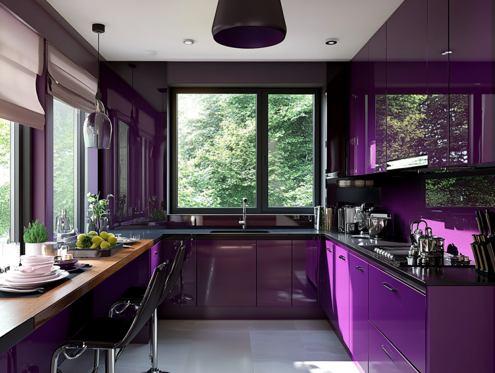 Compact kitchen with glossy violet cabinets and sleek black hardware.