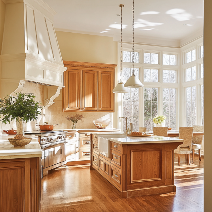 Traditional kitchen with honey-toned brown cabinets, cream walls, and white countertops in natural light