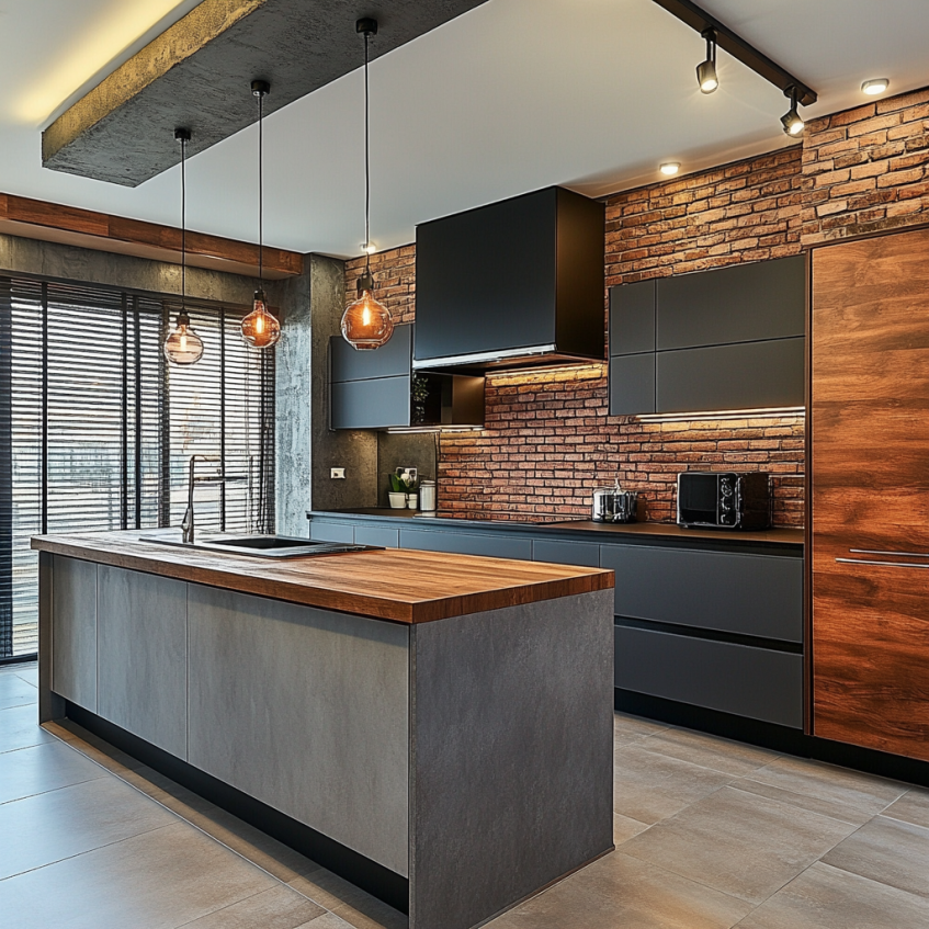 Modern kitchen featuring a wood and metal combo design with a concrete island and dark cabinetry. The kitchen has warm pendant lighting and brick wall accents.