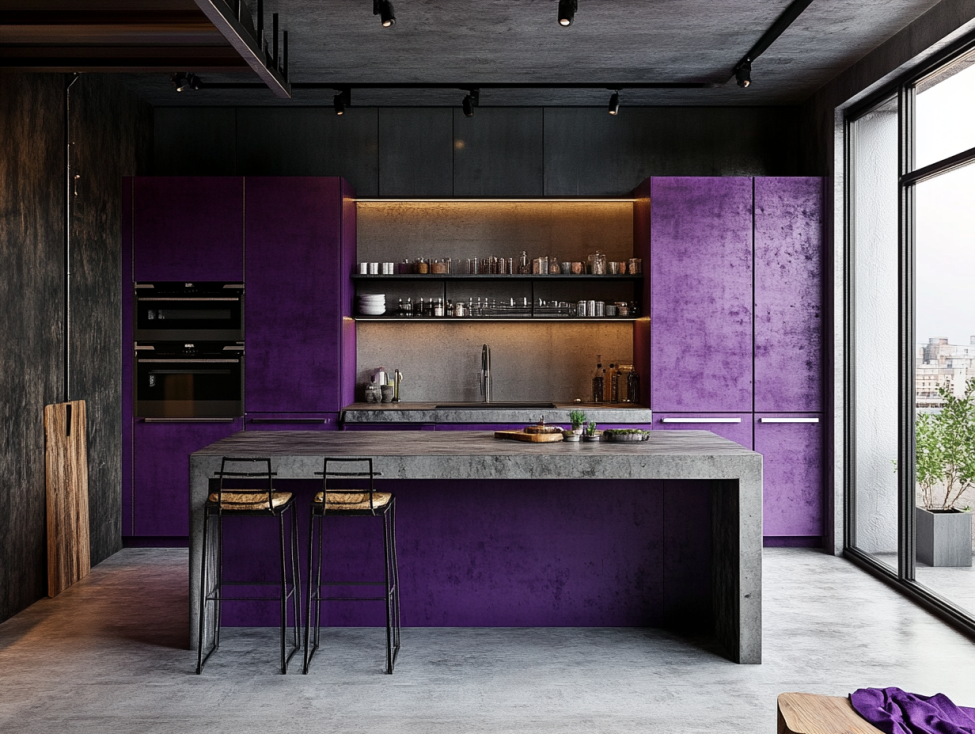 Industrial kitchen featuring matte purple cabinets and a concrete island.