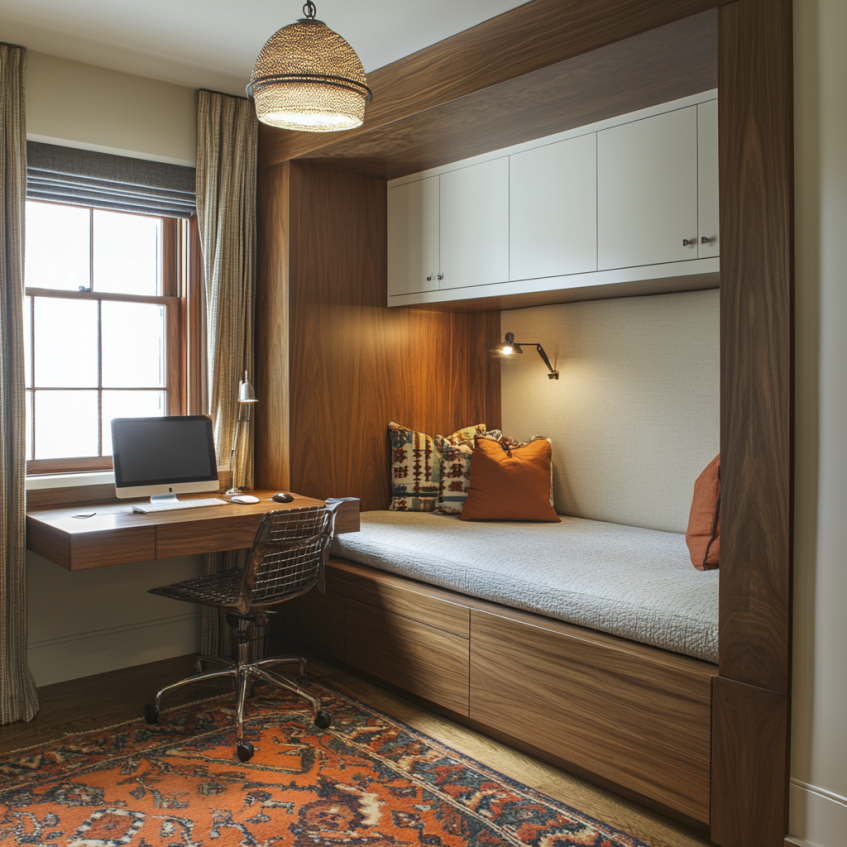 cozy study corner with built-in desk and bed under cabinet storage in apartment interior design