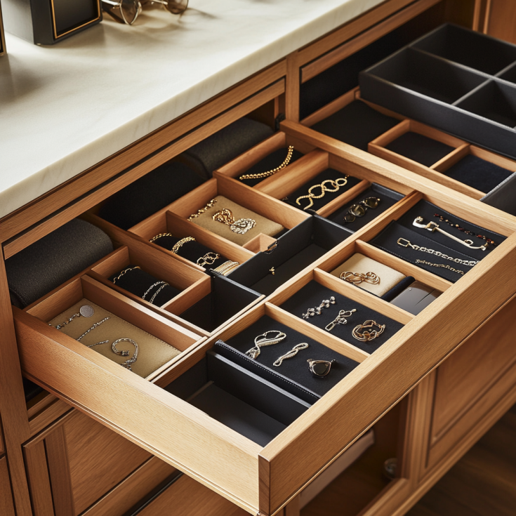 Custom pull-out drawer with jewelry dividers and wood frame