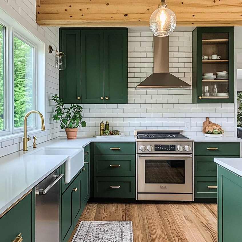 L-shaped kitchen with deep green cabinets, brass hardware, subway tile backsplash, and farmhouse sink