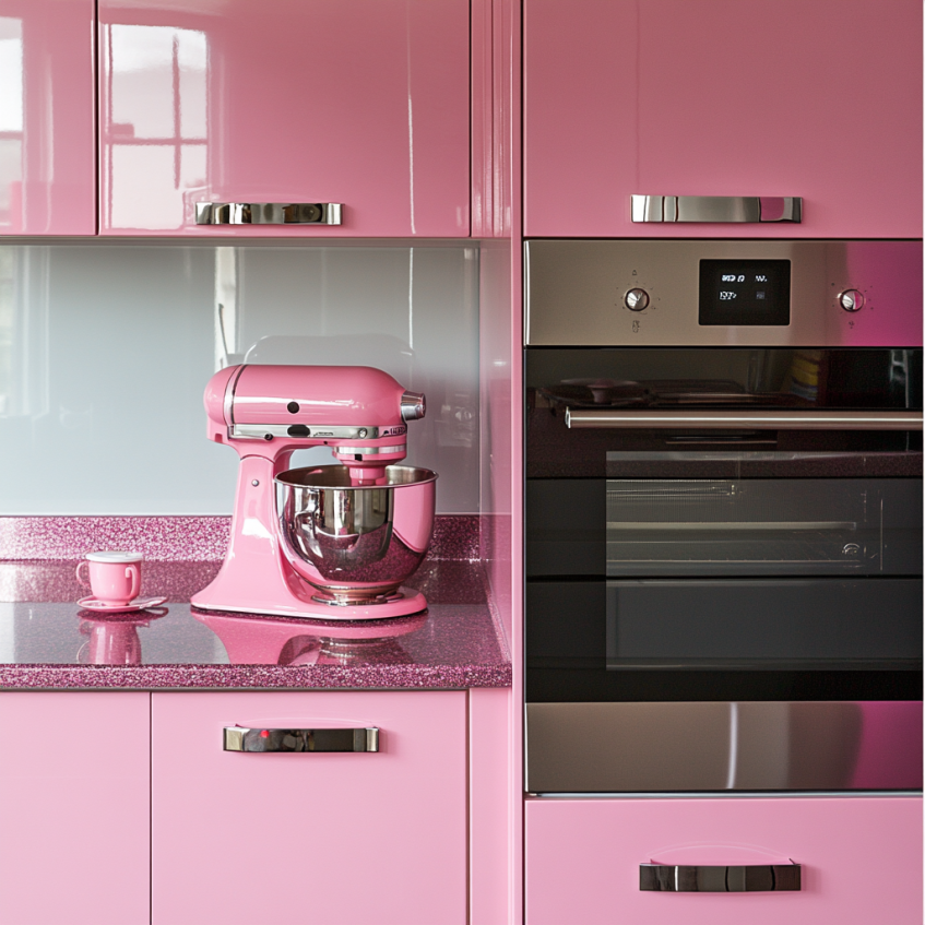 Shiny pink kitchen cabinetry with pink stand mixer and stainless appliances