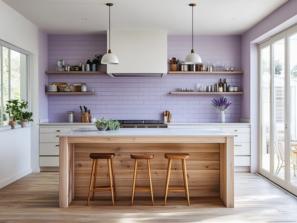 Scandinavian kitchen with lavender backsplash, white cabinetry, and wood island.