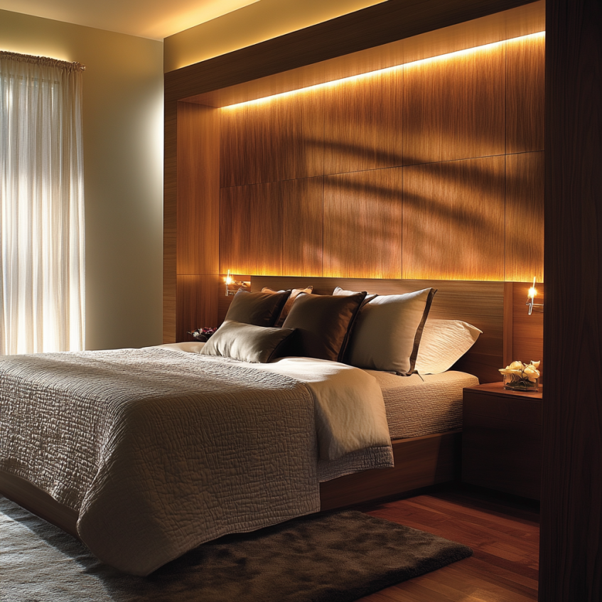 cozy bedroom with wooden headboard and layered lighting design