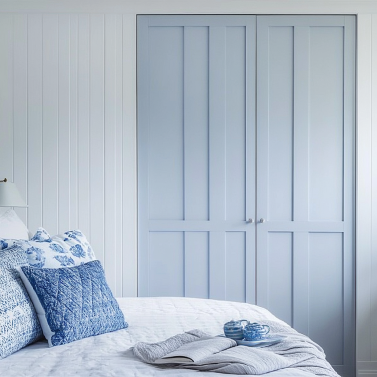 Light blue wardrobe doors with a minimalist design in a modern bedroom.
