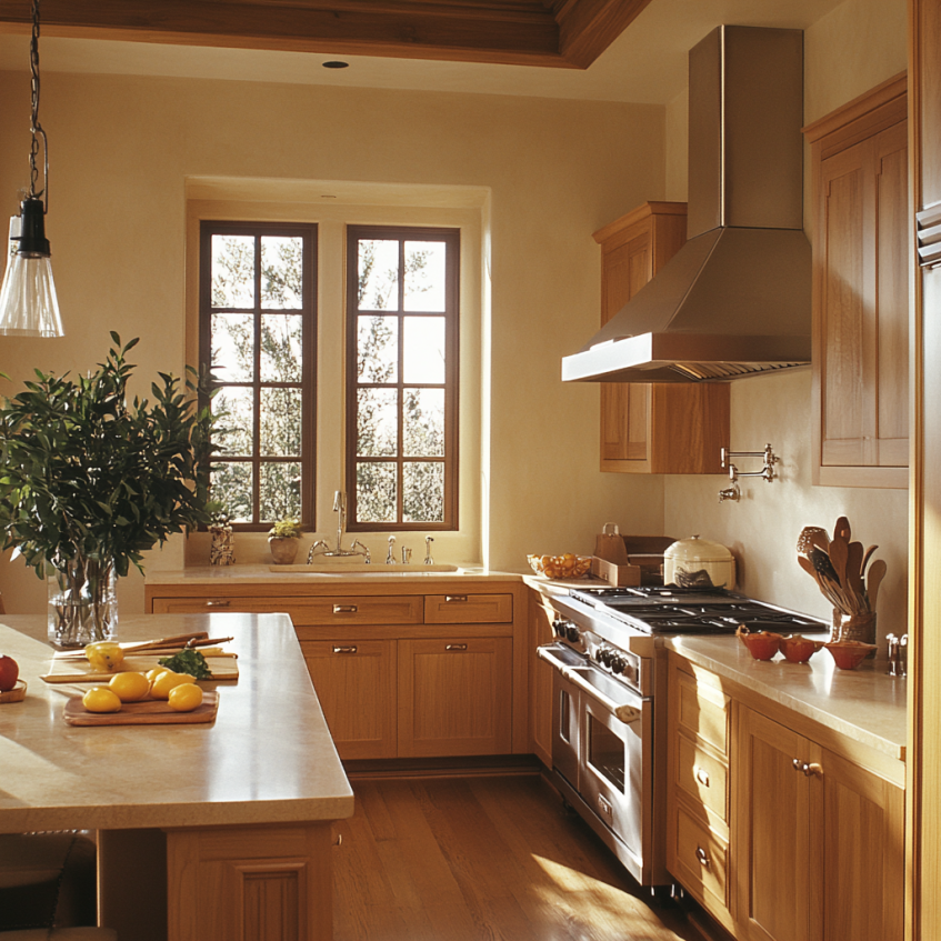 Farmhouse-style kitchen with light brown cabinets, cream walls, and stainless steel appliances