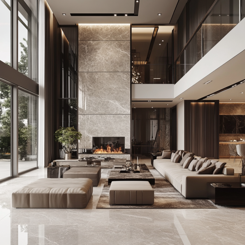 Light luxury style villa living room with elegant minimalist furniture, modern lighting fixtures, and luxurious marble finishes, offering a sophisticated and cozy ambiance.