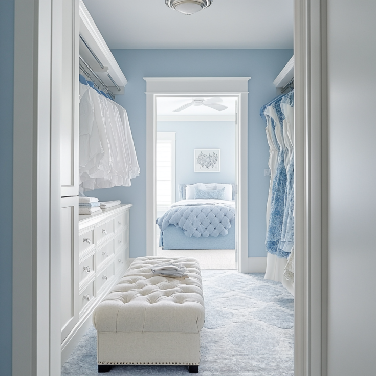 Light and airy wardrobe with blue accents in a bright bedroom.