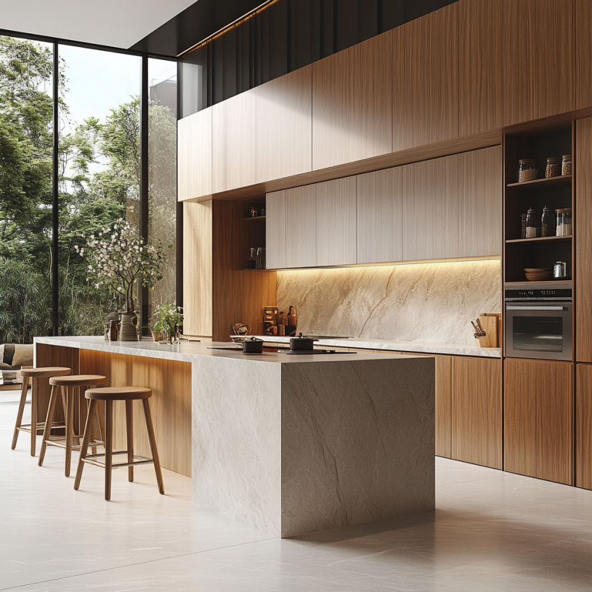 Bright modern kitchen with a white marble island, light wooden cabinets, and natural light streaming through large windows.