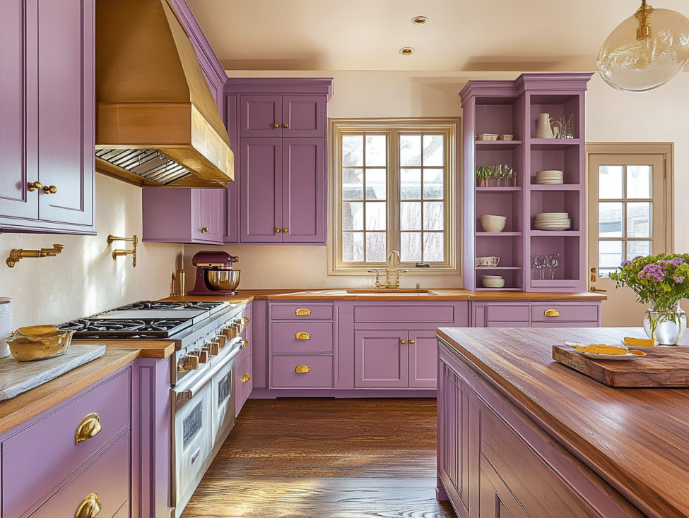Lilac-colored cabinets paired with wood countertops in a soft-toned kitchen.