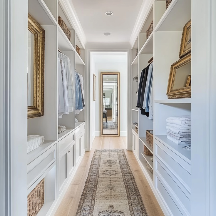 Long gallery layout wardrobe design for narrow bedrooms with open shelving.