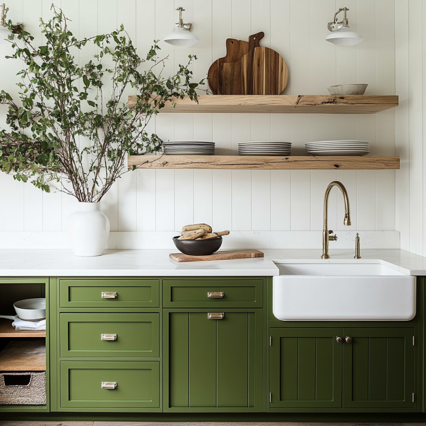 Green base cabinets with white countertop and open wood shelves in a farmhouse kitchen