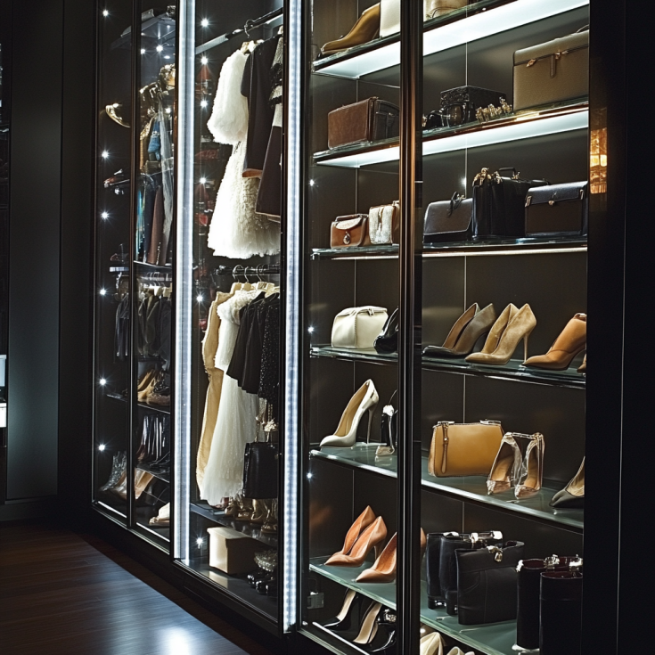 Modern closet with glass display shelves for shoes and handbags, spotlighted interior