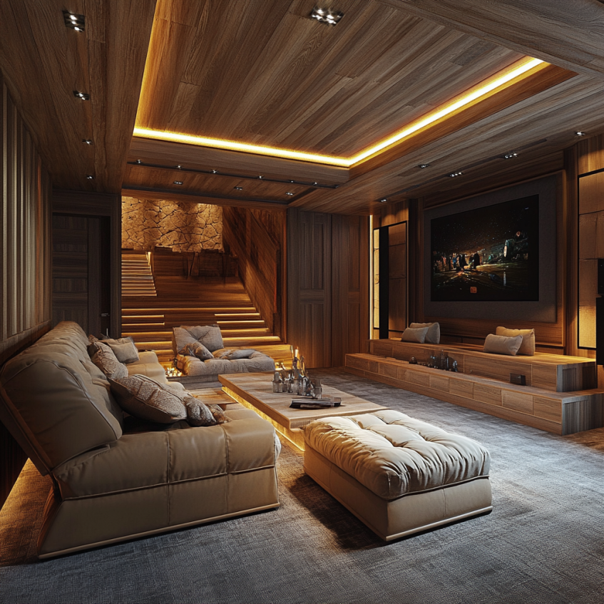 Luxurious basement home theater with warm wood finishes, cozy seating, and ambient lighting, creating a comfortable and sophisticated movie-watching experience.