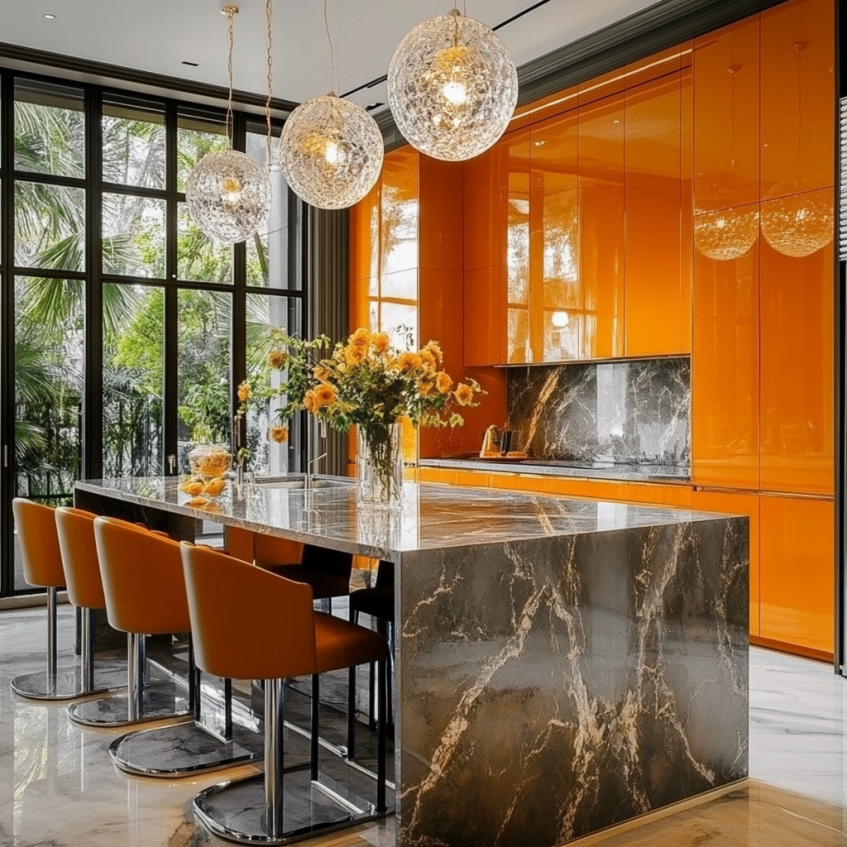 Luxury orange kitchen with tall glossy cabinets, gray marble island, and crystal pendant lights.
