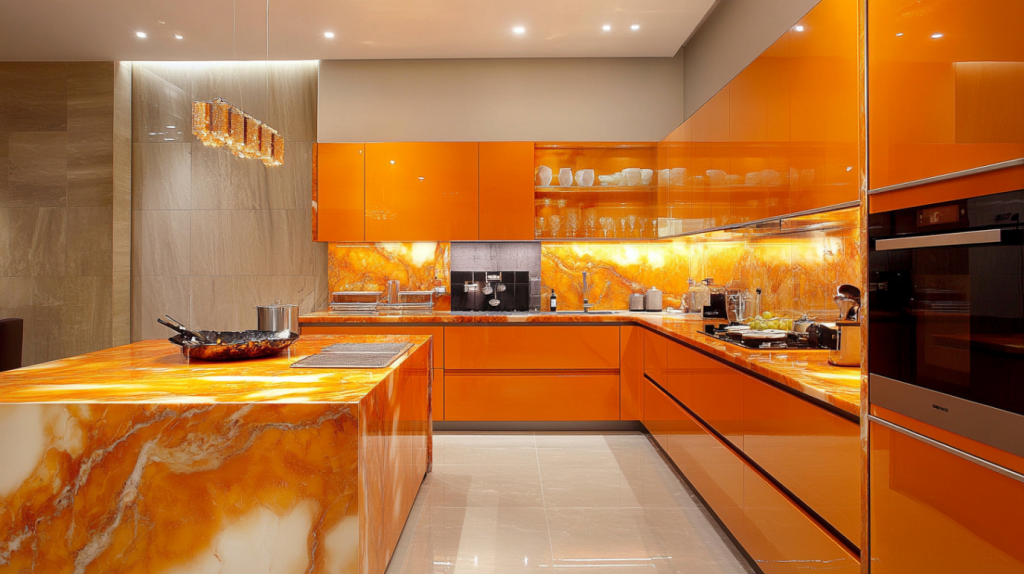 High-end orange kitchen with glossy cabinets and dramatic orange onyx countertops and backsplash