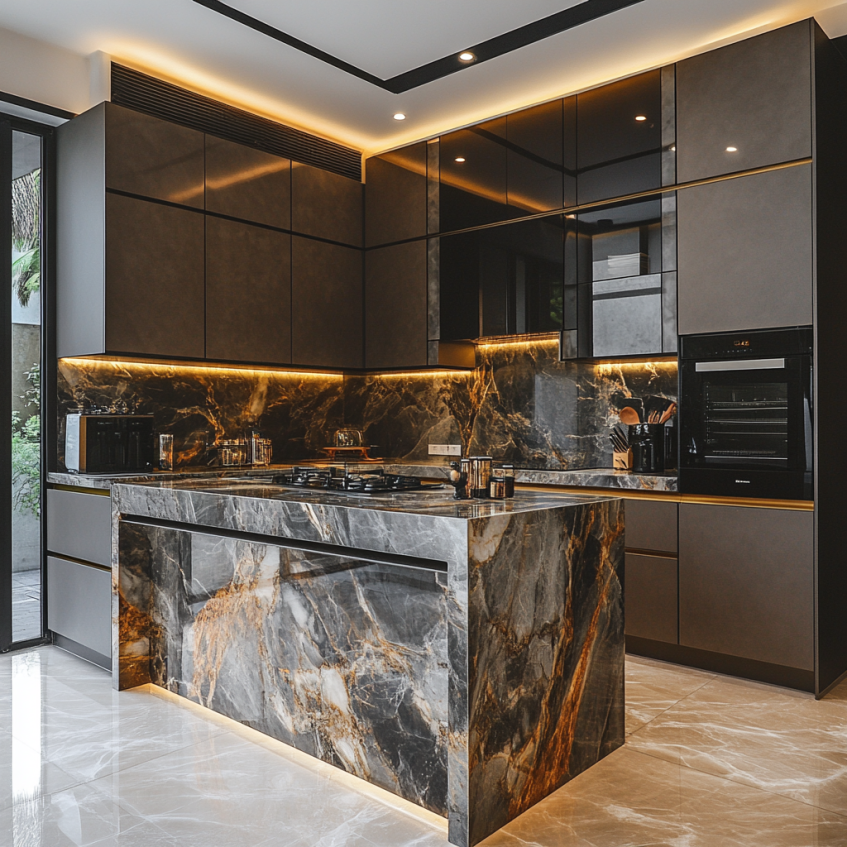 Luxury kitchen featuring dark marble-textured cabinets, a sleek marble island, and under-cabinet LED lighting.