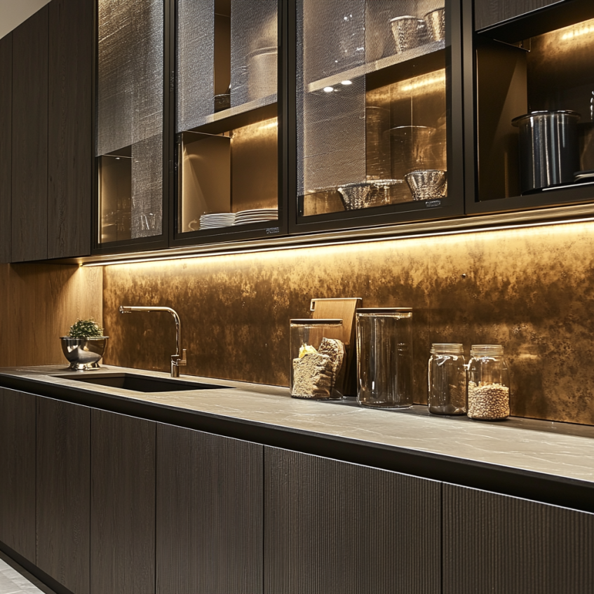 A modern kitchen featuring dark wood cabinetry, metal accents, and glass-fronted upper cabinets with LED lighting.