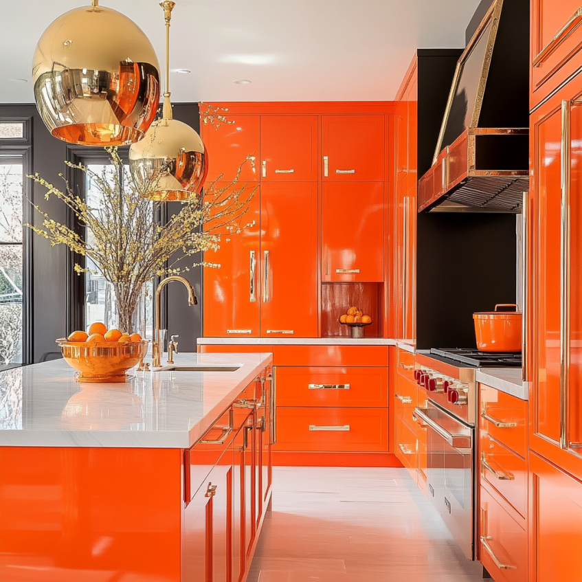 High-end orange kitchen with gold pendant lights, glossy cabinets, and a white marble island.