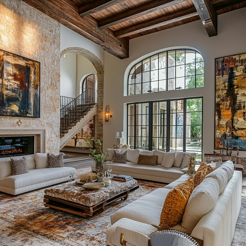 Luxury villa living room with high ceilings, large windows, and elegant artwork, featuring cozy seating, a stone fireplace, and a refined, open atmosphere.