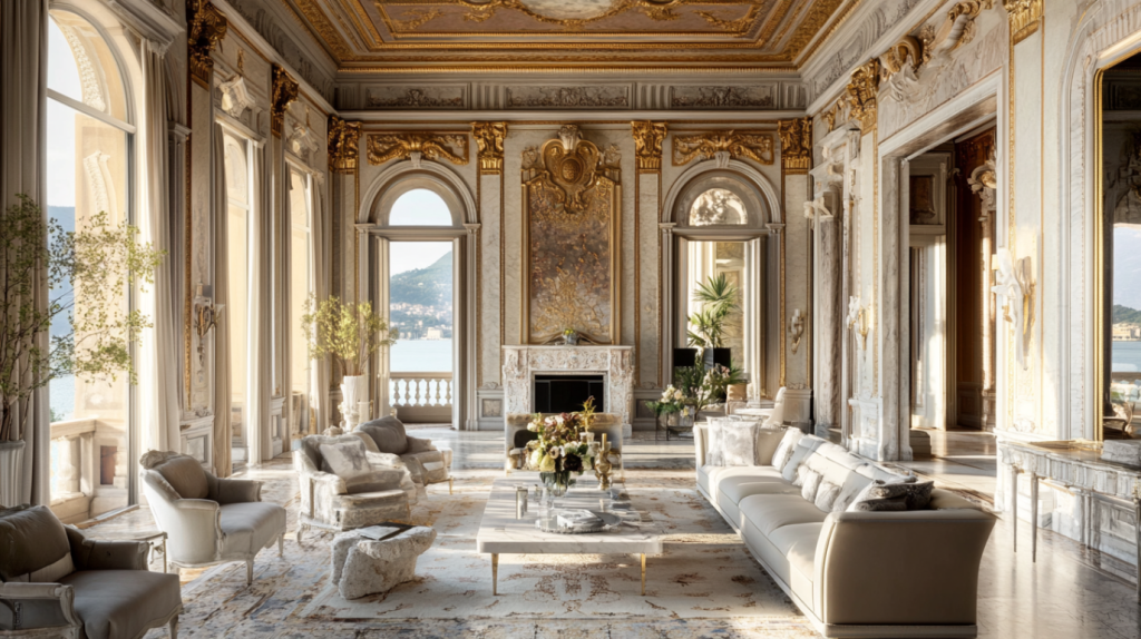 Luxurious villa living room with ornate gold-trimmed architecture, large windows offering scenic views, and elegant, high-end furniture pieces that create a refined and sophisticated atmosphere.