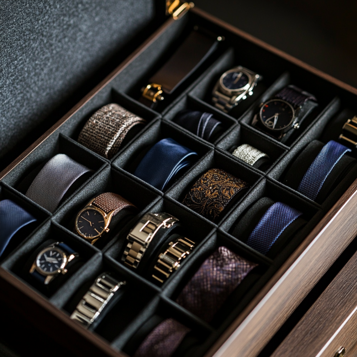 Drawer organizer with watches, cufflinks, and ties in a modern men’s closet