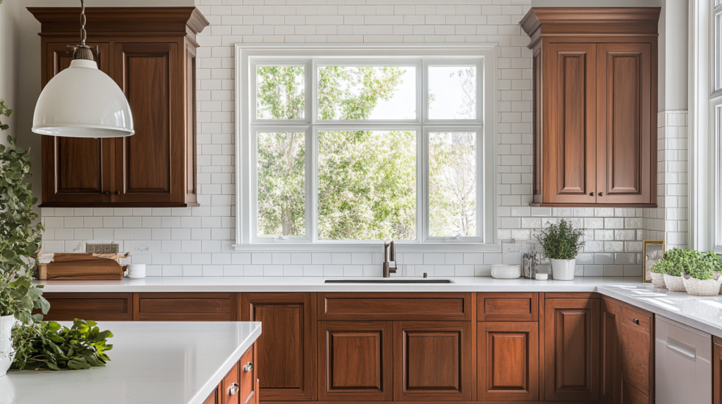 Traditional kitchen with mahogany brown cabinets and white subway tile backsplash