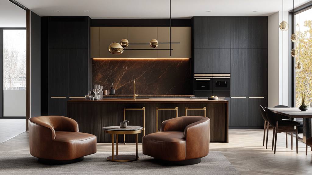 Ultra-modern kitchen with matte dark brown cabinets, brass pendant lights, and integrated appliances