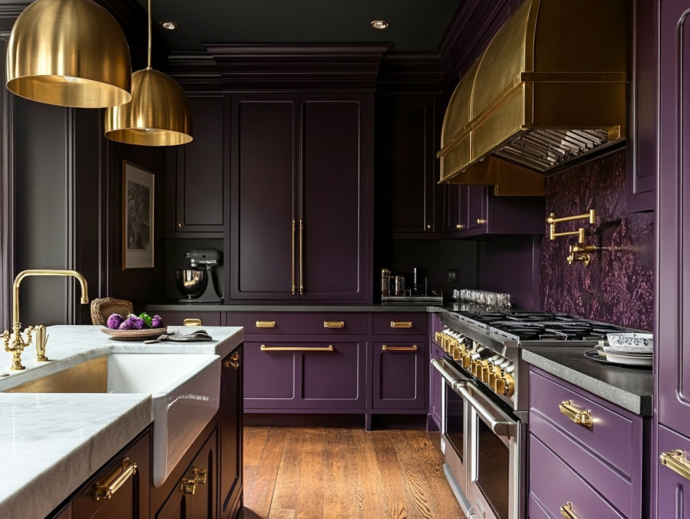 Matte eggplant purple kitchen cabinets paired with gold-toned hardware.