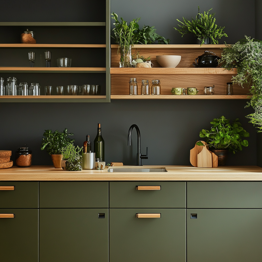 Matte olive green kitchen cabinets with natural oak open shelves and black fixtures