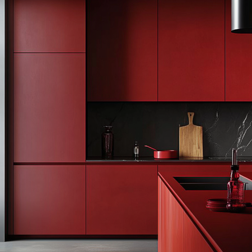 Flat panel red kitchen cabinets with minimalist design