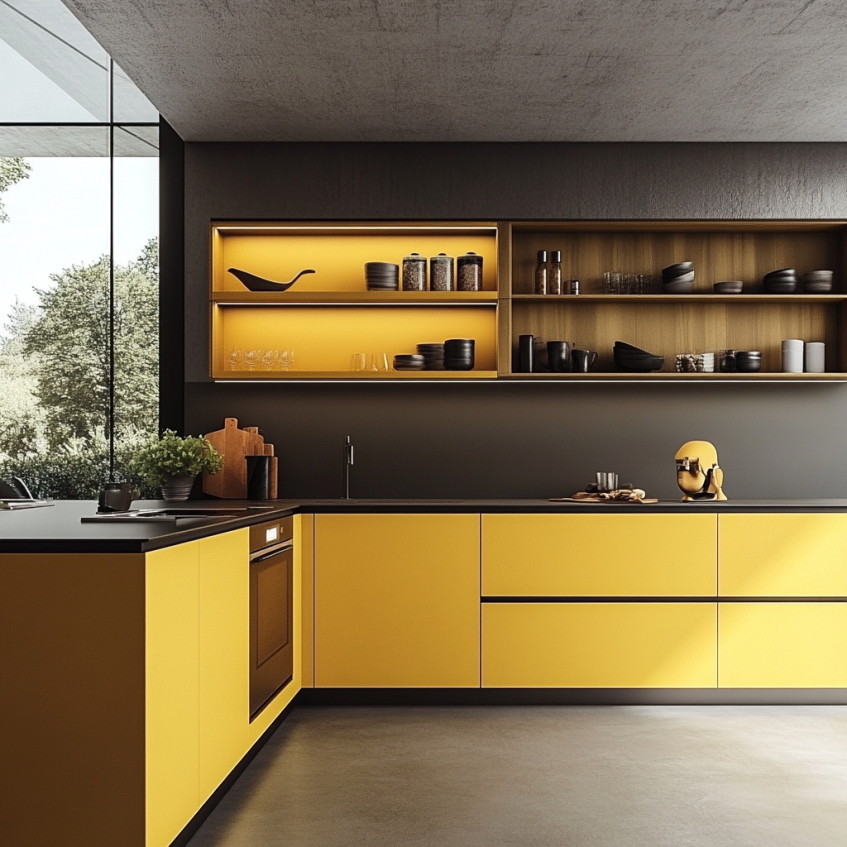 Matte yellow kitchen cabinetry with a smooth, non-reflective finish, helping to hide smudges and fingerprints.