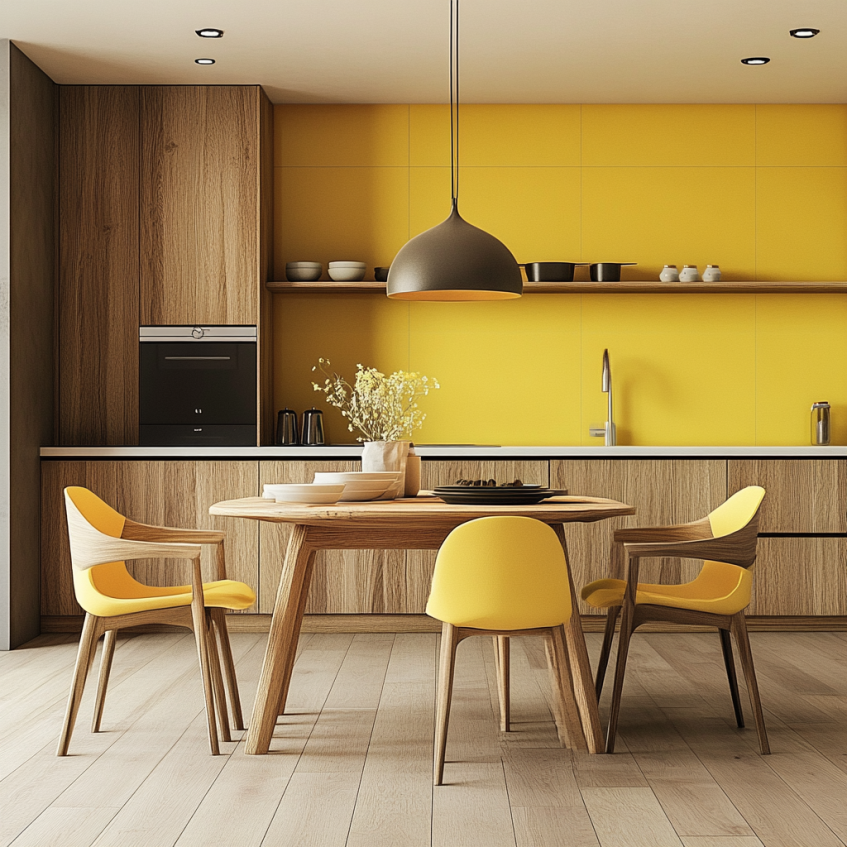 Matte yellow kitchen cabinets paired with natural wood finishes, balancing modern design with warmth.