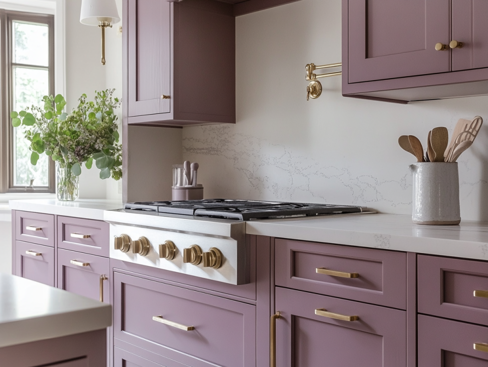 Mauve purple kitchen cabinets with white quartz countertops and gold fixtures.