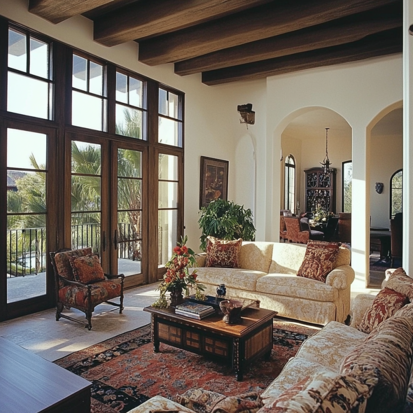 Mediterranean style villa living room with large wooden-framed windows, rich fabric furniture, and classic decor, offering a warm, inviting atmosphere with natural light.