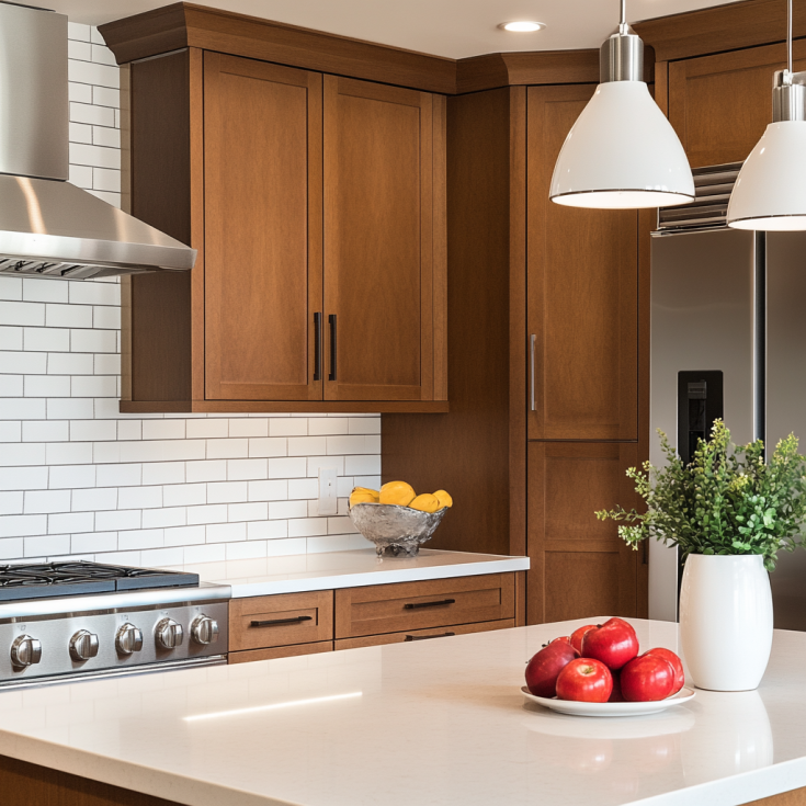 Transitional kitchen with medium oak brown cabinets, farmhouse sink, and stainless steel appliances
