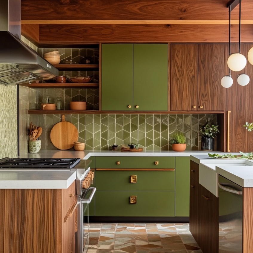Mid-century design kitchen featuring olive green cabinets paired with walnut wood and geometric tiles for a retro feel.