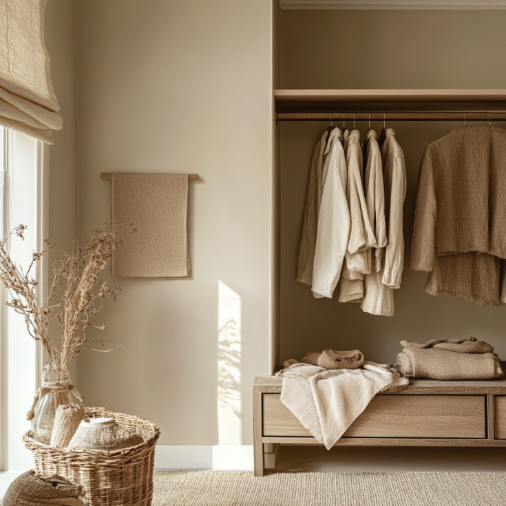 Open beige wardrobe design with hanging clothes and woven basket decor.