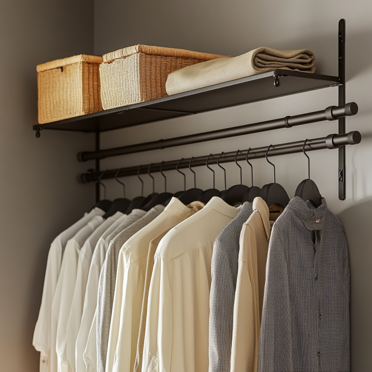 Minimalist closet with double extendable rods and top storage shelf