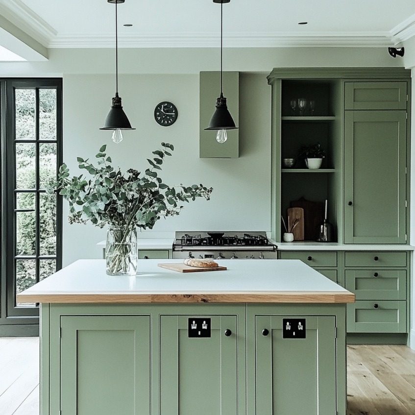 Subtle green kitchen cabinets with sleek lines and minimalist design, ideal for modern homes.