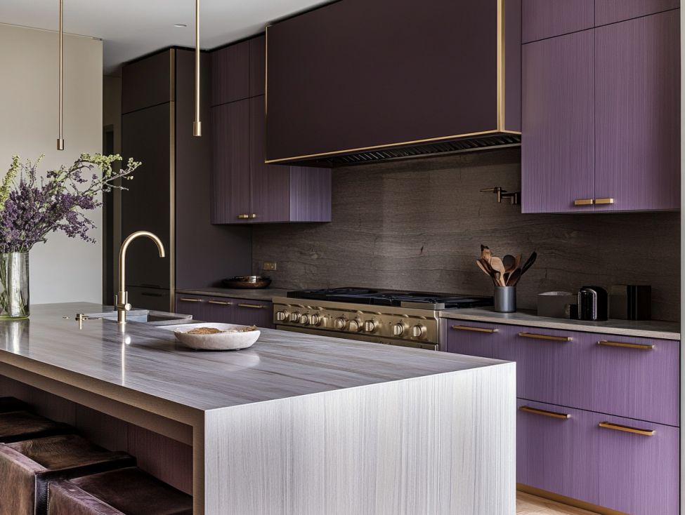Minimalist kitchen with grayish purple cabinets and simple brass handles.