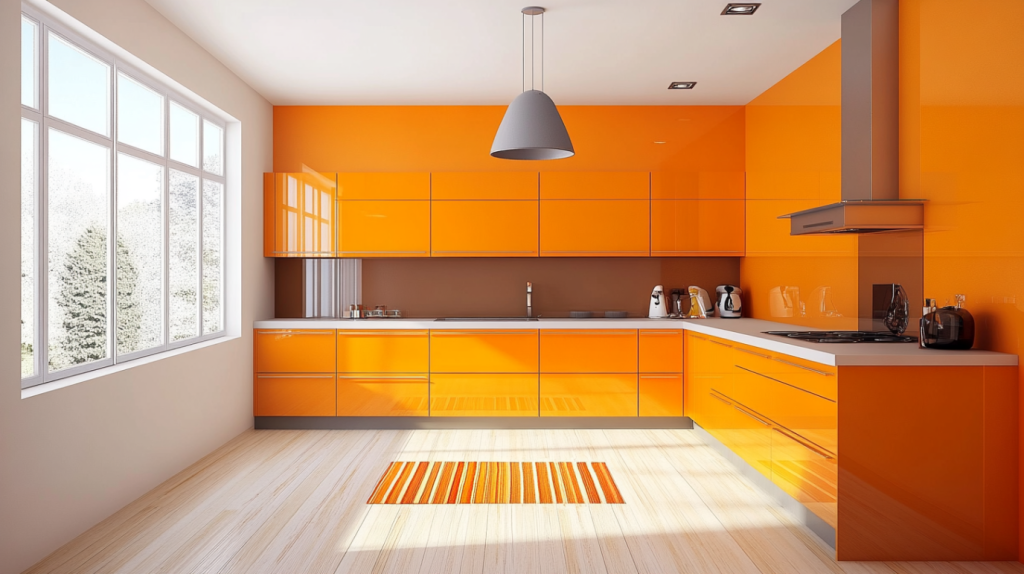 Minimalist orange kitchen with matching glossy cabinets and orange wall paint under natural light.