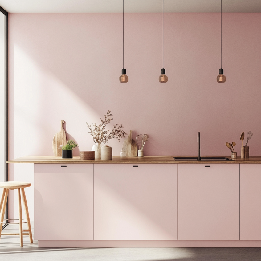 Light pink flat panel cabinets with wood countertop and pendant lighting