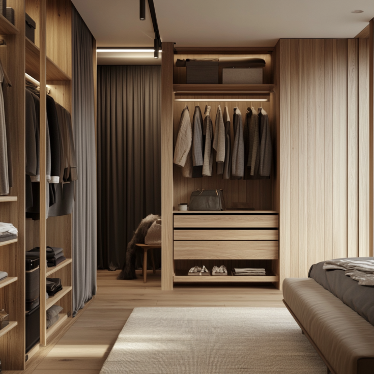 Walk-in wooden closet with warm lighting and minimalist design in a modern bedroom