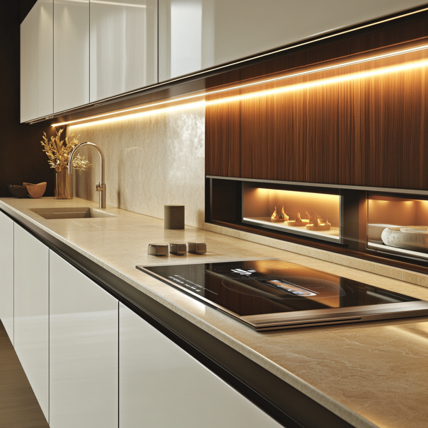 Sleek modern kitchen with a minimalistic design, featuring white cabinets, a neutral marble countertop, and integrated lighting for a stylish ambiance.